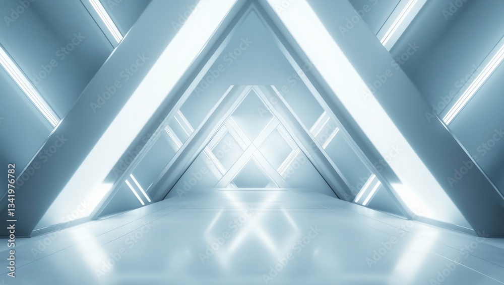 Obraz premium Futuristic Architectural Corridor: A stunning, symmetrical hallway with geometric design is illuminated by radiant, vibrant lights, providing a modern and futuristic look. 