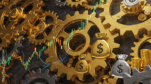 Gold and silver gears interlocking with financial icons like graphs, arrows, and money bags