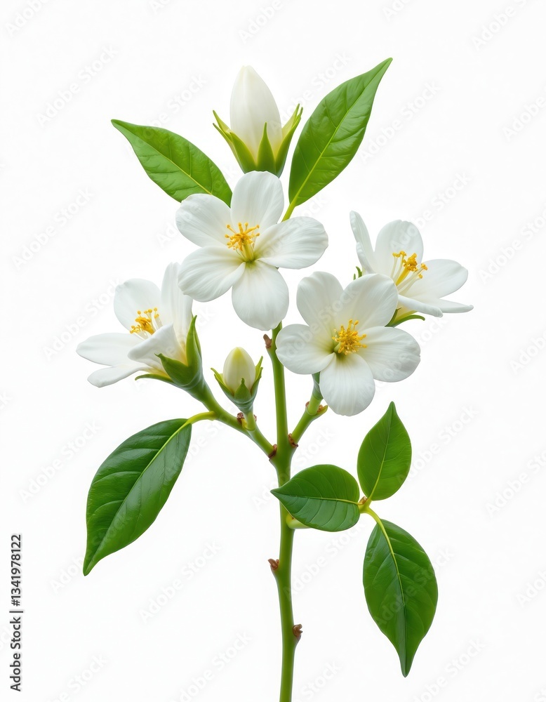 Obraz premium Set of jasmine flowers and leaves isolated on white background. Green leaves and white petals with yellow pistils. Floral spring branch. Cut-out design element for cards and decor.