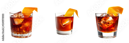 A classic Negroni cocktail served in a short glass with a deep red hue, garnished with a twisted orange peel, isolated on a transparent background