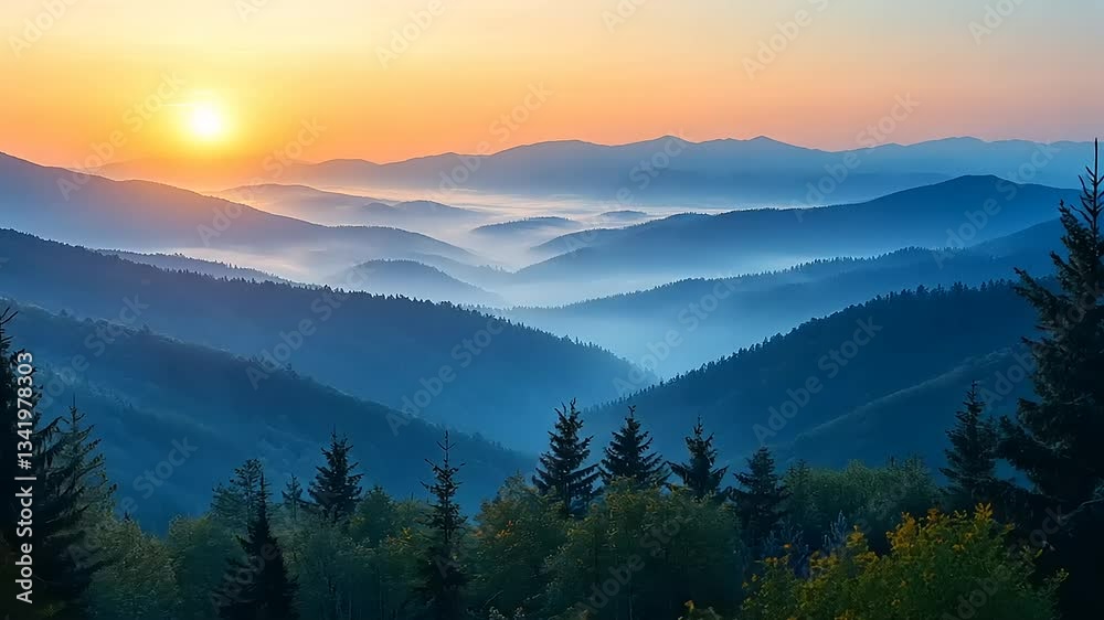 Serene sunrise over misty mountains with lush forests, capturing nature's tranquility at dawn Serene sunrise over misty mountains with lush forests, capturing nature's tranquility at dawn