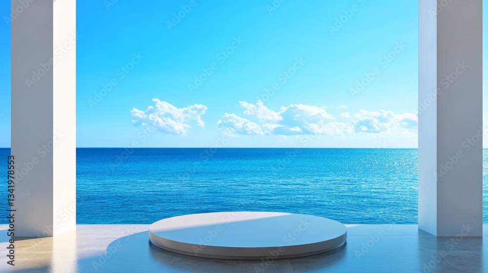 Fototapeta premium Ocean View Platform - Tranquil scene of a circular platform overlooking a serene ocean under a bright blue sky