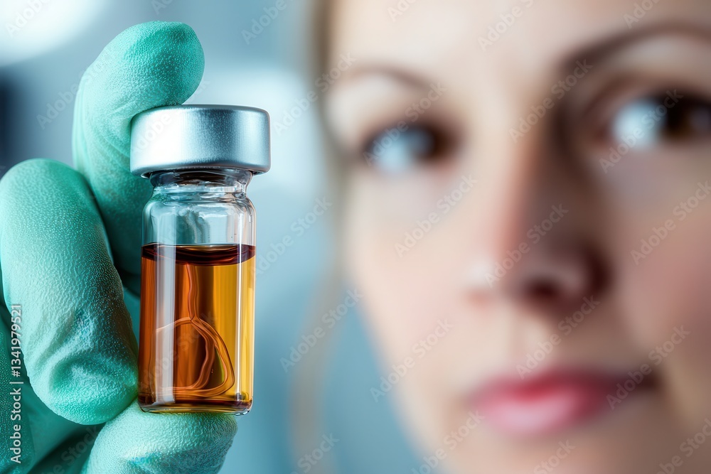 Fototapeta premium Stem cell blood research breakthrough. Lab technician holding a vial of liquid with a focused expression.