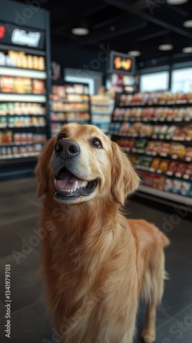 A dog is standing in a store with its mouth open