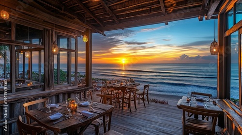 A beachside seafood restaurant with open windows  rustic wooden furniture  and ocean views  sunset setting 