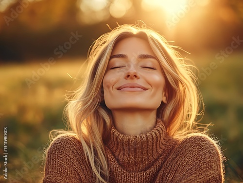 A smiling woman enjoys the sunlight with closed eyes and happiness