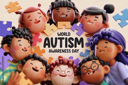 Diverse Group of Happy People Holding Autism Awareness Puzzle, Celebrating Inclusion and Neurodiversity