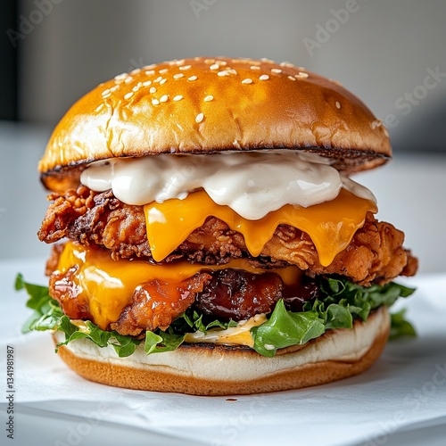 Crispy Fried Chicken Sandwich with Cheddar Cheese, Lettuce, Mayonnaise, and Sesame Bun
