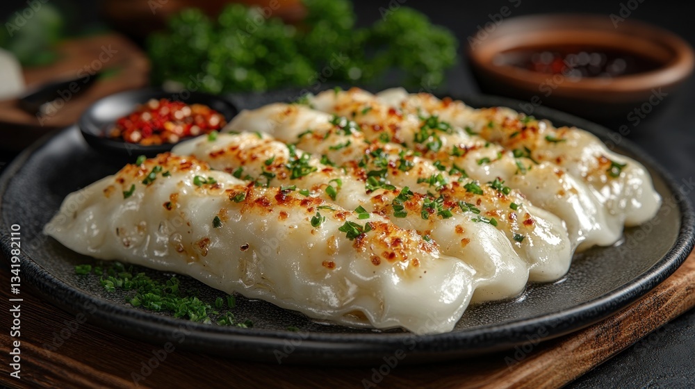 Steamed dumplings, savory sauce, dark background, close-up Steamed dumplings, savory sauce, dark background, close-up