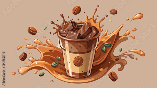 chocolate drink, splash effect of cacao milk glass with droplets in air, cacao bits on the surface, neutral background