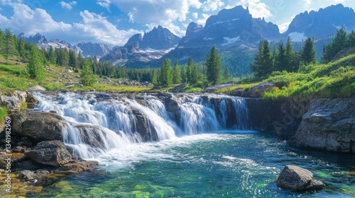 Serene Waterfall Cascading Down Rocky Mountainside