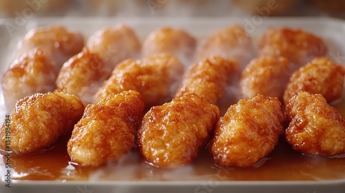 Steaming, golden-brown, sweet and savory nuggets arranged on a platter, glistening with sauce photo