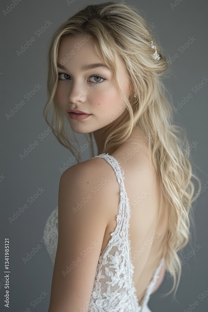 an attractive blonde woman wearing white gloves and a wedding dress, facing the camera, posing for her professional photo shoot in front of a grey backdrop an attractive blonde woman wearing white gloves and a wedding dress, facing the camera, posing for her professional photo shoot in front of a grey backdrop