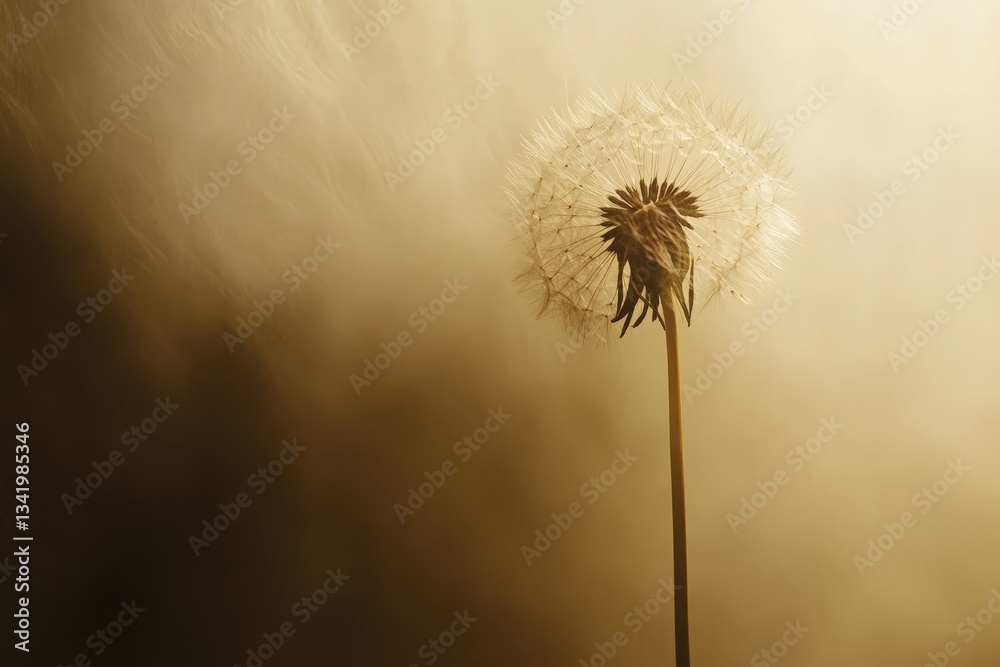 Fototapeta premium A single dandelion seed head floats against a golden background