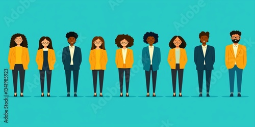 Professional team members in matching outfits showing diversity and teamwork in modern office environment