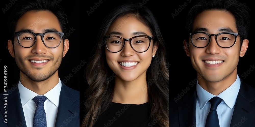 Diverse professionals smiling confidently in suits showcasing their personalities in a studio setting with black background Diverse professionals smiling confidently in suits showcasing their personalities in a studio setting with black background