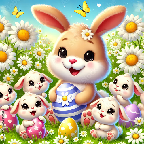 A Cheerful Easter Bunny Surrounded by Curious Baby Bunnies in a Field of Daisies