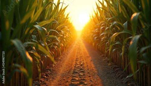 Golden sunset bathes sugarcane field. Tranquil warm ambiance, serene mood. Long dirt road pass crop rows at farmland. Green foliage, sugarcane plant growth. Rural peaceful countryside scenery. Summer
