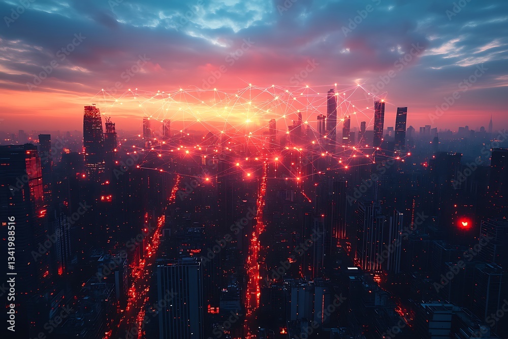 Fototapeta premium Futuristic Cityscape at Sunset Network Connections and Urban Skyline Illustration