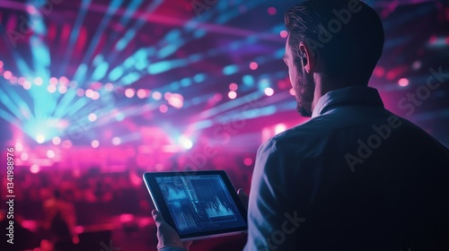 Modern concert production: technician operating digital console during a live event
