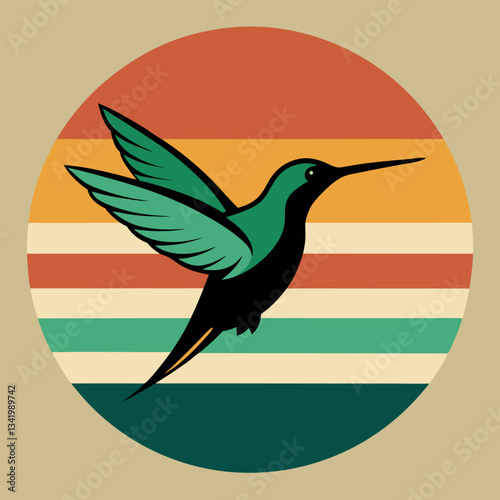 A hummingbird hovering in front of a striped sunrise. 