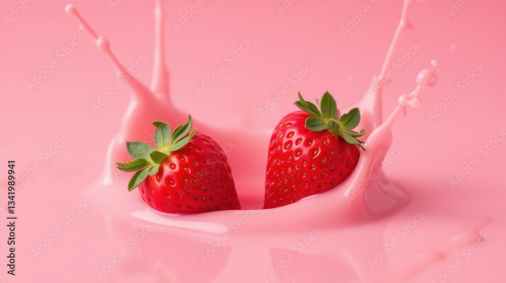 Fresh strawberries splash in pink liquid, creating vibrant and playful scene Fresh strawberries splash in pink liquid, creating vibrant and playful scene