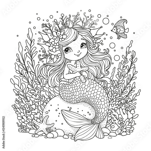 Cute mermaid underwater sitting on a rock hugging a starfish. Coloring page for kids and adults.