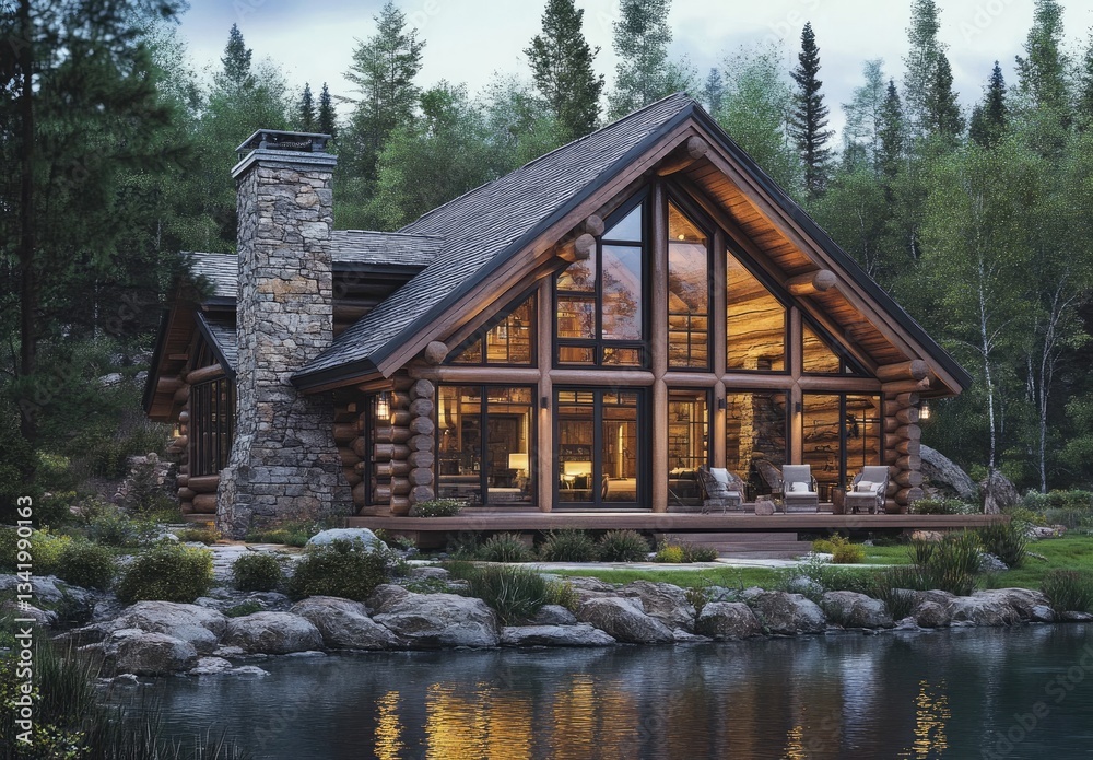 Obraz premium A modern log cabin with large windows and an open porch, located in Montana on the edge of forested hills overlooking a beautiful lake at dusk.