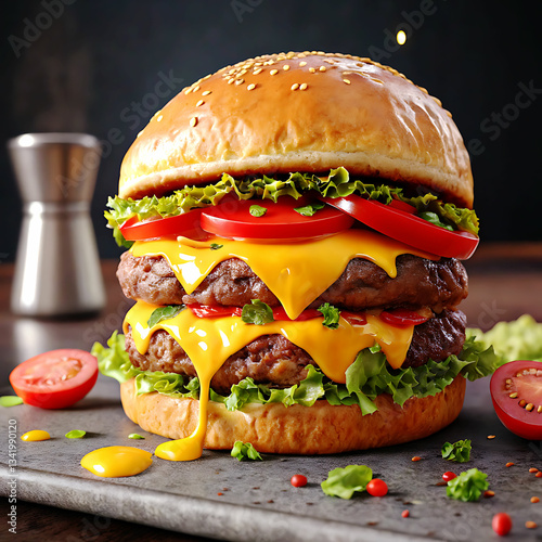 Hamburguer,Cheeseburger with cutlet,Tomato,Cheese and greens, bacon, cheese and lettuce isolated on black background.