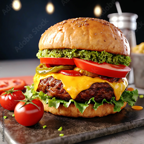 Hamburguer,Cheeseburger with cutlet,Tomato,Cheese and greens, bacon, cheese and lettuce isolated on black background.