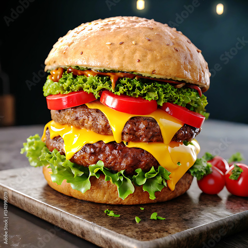 Hamburguer,Cheeseburger with cutlet,Tomato,Cheese and greens, bacon, cheese and lettuce isolated on black background.