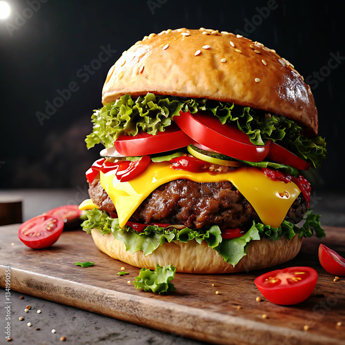 Hamburguer,Cheeseburger with cutlet,Tomato,Cheese and greens, bacon, cheese and lettuce isolated on black background.