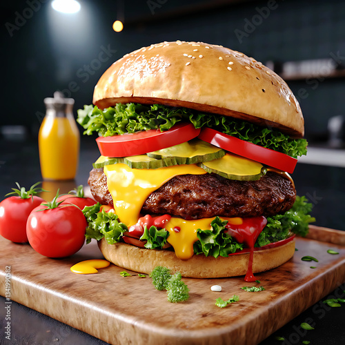 Hamburguer,Cheeseburger with cutlet,Tomato,Cheese and greens, bacon, cheese and lettuce isolated on black background.