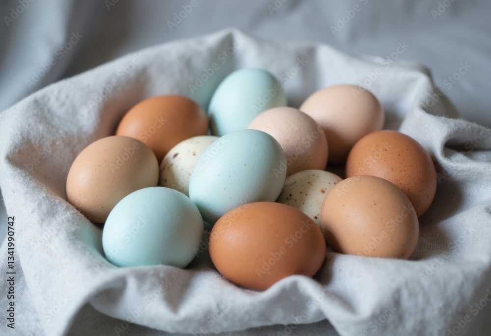 Freshly collected eggs in a rustic basket with a soft cloth background Freshly collected eggs in a rustic basket with a soft cloth background