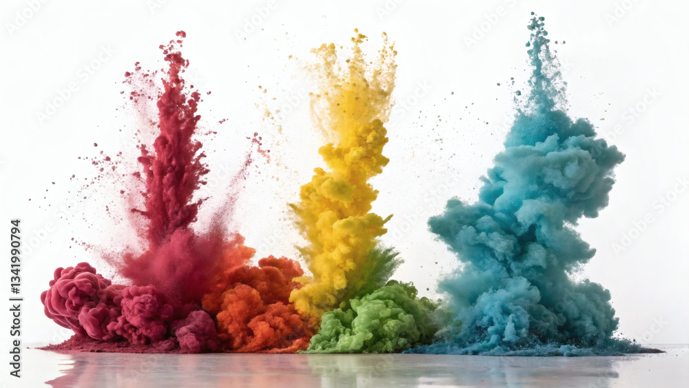 Fototapeta premium Colorful Powder Explosion – Vibrant Multicolor Dust Burst on White Background
