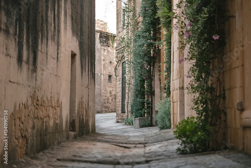 A narrow alleyway in a European town, with aged stone walls covered in lush green vines and pink flowers. The path is made of uneven cobblestones.