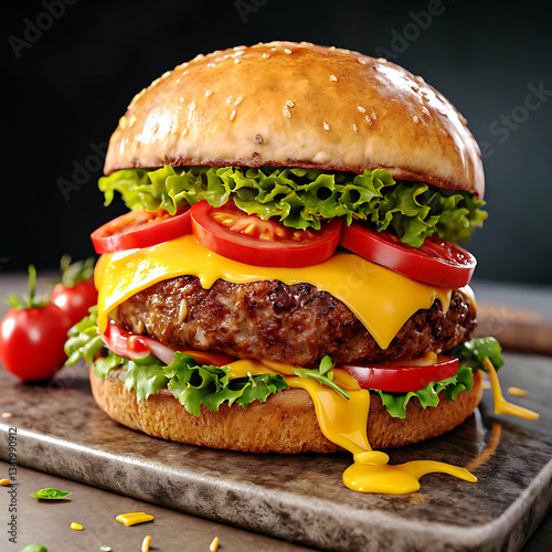 Hamburguer,Cheeseburger with cutlet,Tomato,Cheese and greens, bacon, cheese and lettuce isolated on black background.