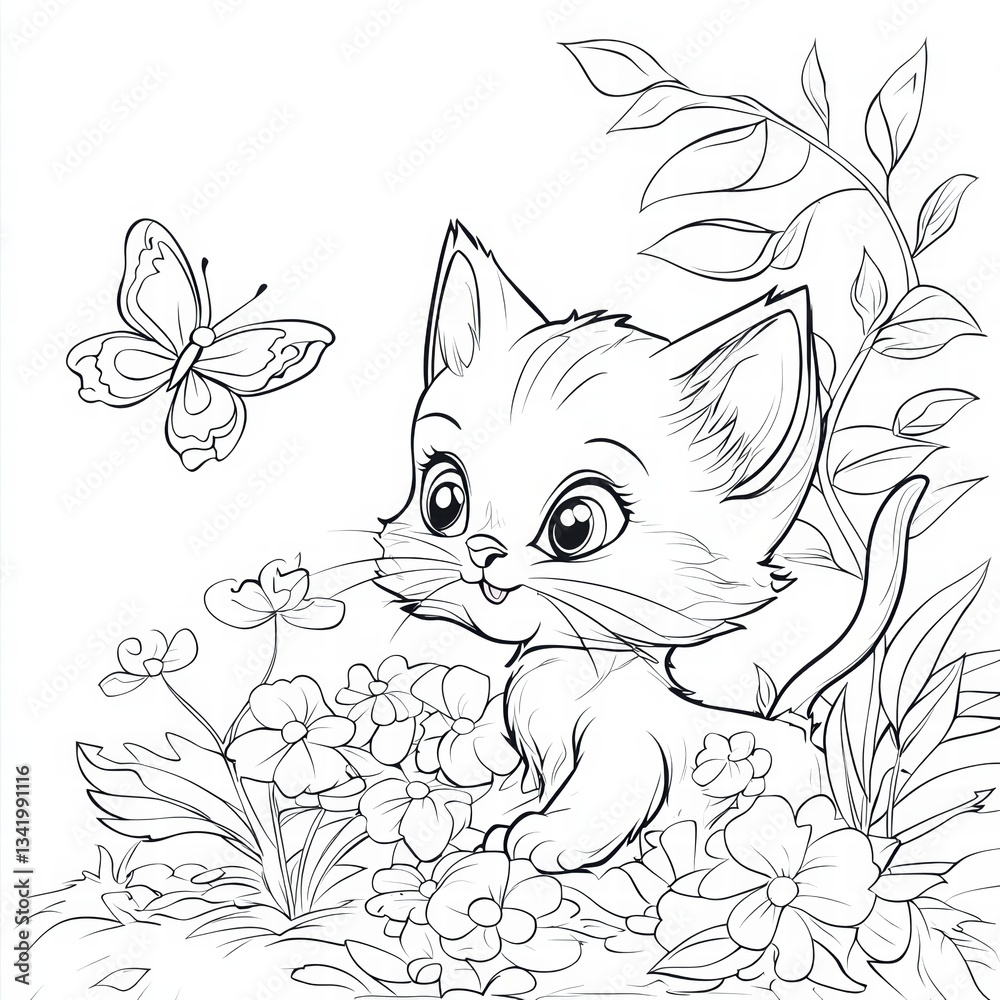 Obraz premium Whimsical Kitten and Butterfly in the Garden: A cute cartoon kitten frolics in a garden, with flowers and a butterfly, perfect for children books. 