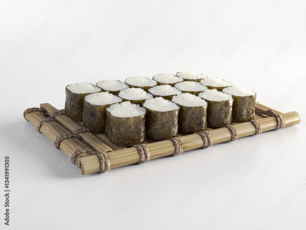 Sushi rolls on bamboo mat, studio shot, white background Sushi rolls on bamboo mat, studio shot, white background