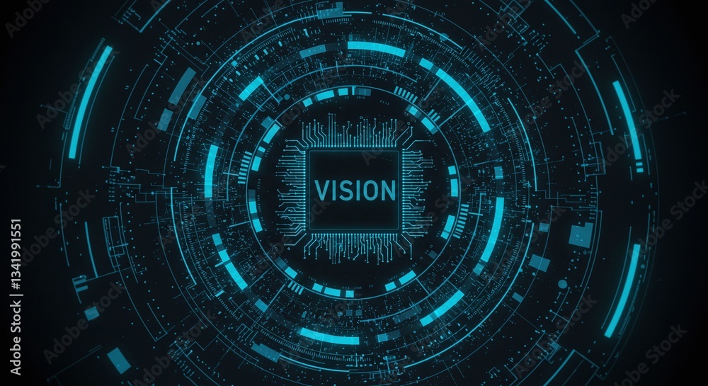 Vision: A dynamic illustration of technological advancement, featuring a glowing circuit board with the word 
