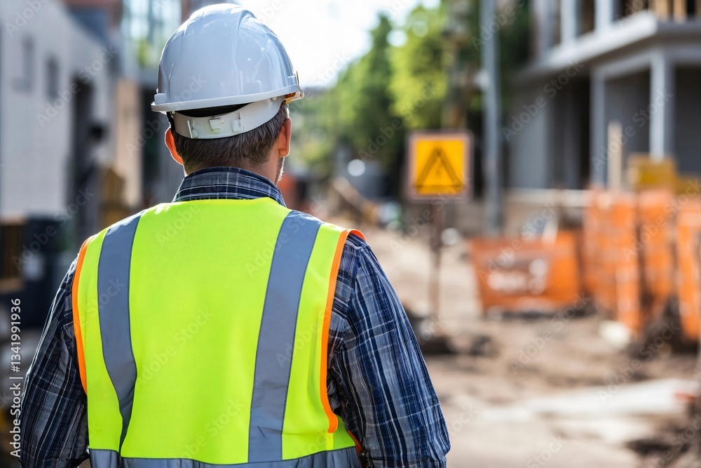 Man in safety helmet and vest at construction site watching the building in progress, architectural project, urban landscape for builder concept Man in safety helmet and vest at construction site watching the building in progress, architectural project, urban landscape for builder concept