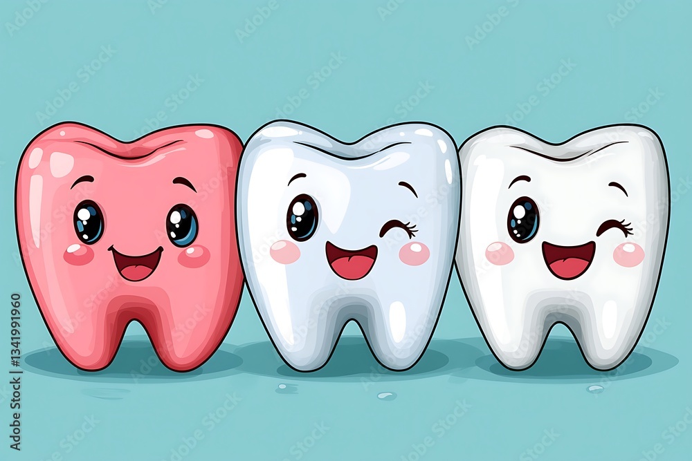 Obraz premium Adorable Cartoon Teeth Illustration Happy Pink and White Teeth Characters
