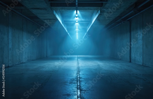 Dramatic empty concrete parking lot with blue lighting. Underground industrial interior with illuminated asphalt floor, dark building frame, grunge wall, contrast. Moody indoor space, retro urban