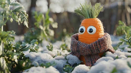 a cute vegetable character with eyes in the field wearing a scarf, orange carrot plant