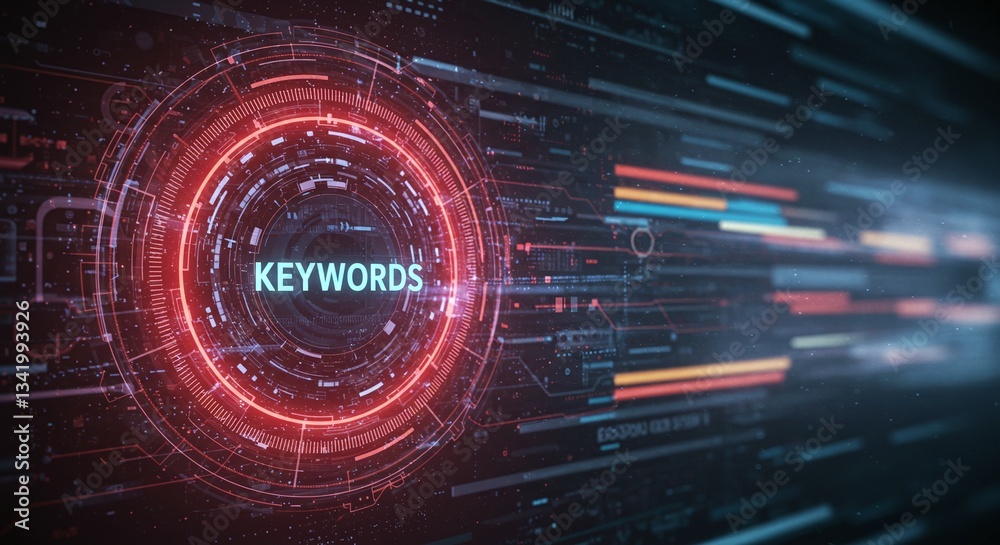 Obraz premium Digital Keywords Visualization: A futuristic digital interface displays the word 