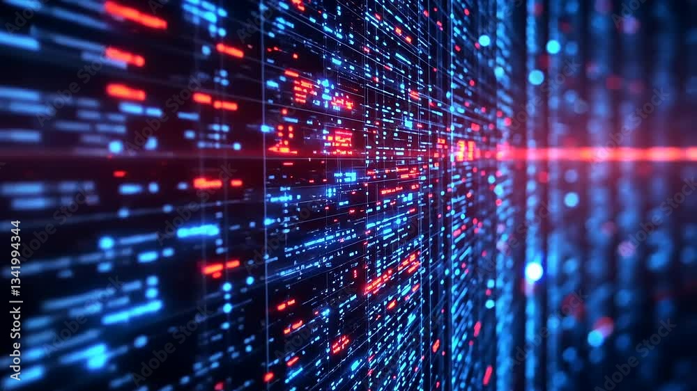 Abstract digital data stream with glowing blue and red lines, creating a futuristic atmosphere