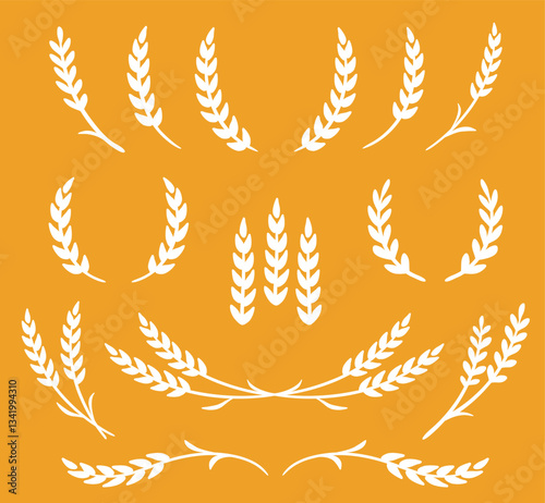 silhouette of weat ears, barley and rye stalks set icons and wreaths