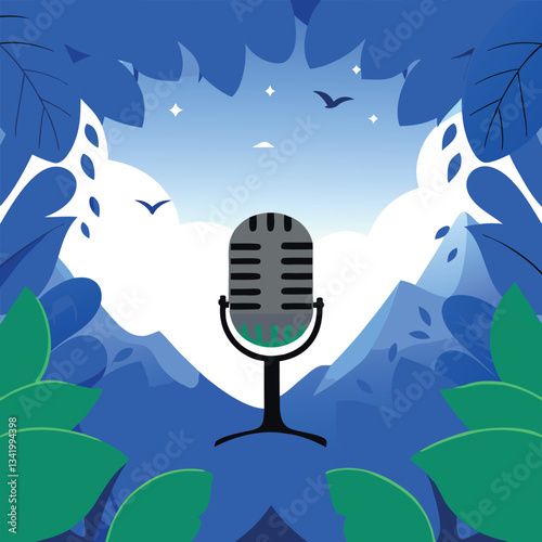 A nature inspired podcast background with a microphone. 