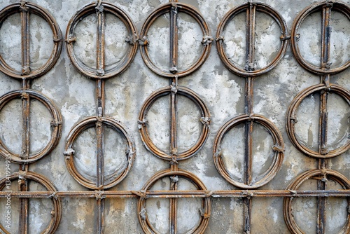 Patterned concrete wall with cylindrical steel reinforcement structures for exterior decor, conveying architectural design and urban construction concepts