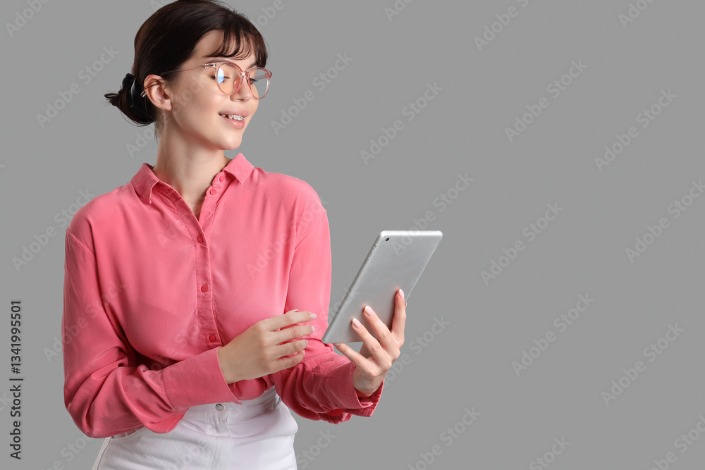 Beautiful businesswoman with tablet computer on grey background Beautiful businesswoman with tablet computer on grey background